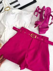 SHORTINHO PREMIUM CONFORTAVEL ACOMPANHANDO CINTO FORRADO MODA FASHION - Pink - Visão 2