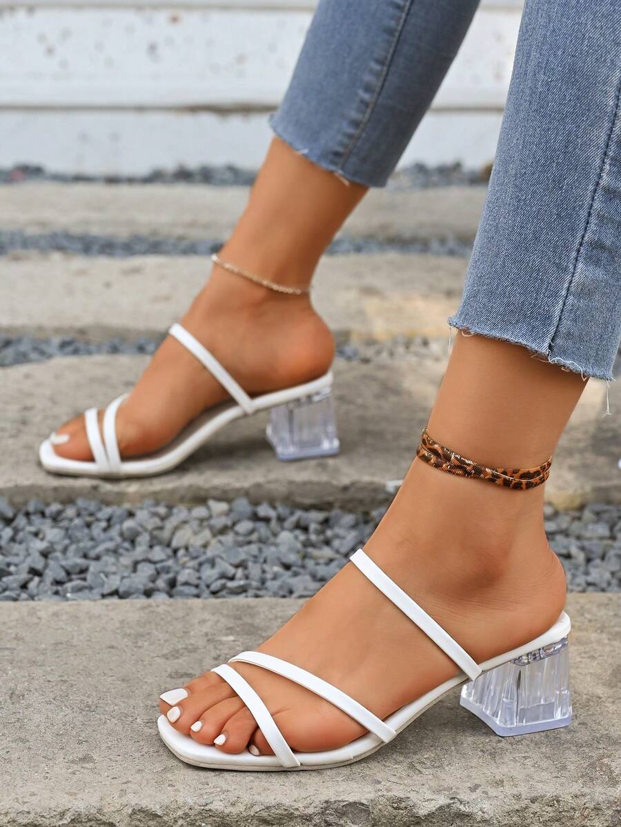 Giày sandal cao gót màu trắng thanh lịch dành cho nữ - Mũi vuông, gót dày, chất liệu giả da, buộc dây, giày công sở phù hợp cho mọi mùa, gót nhọn.