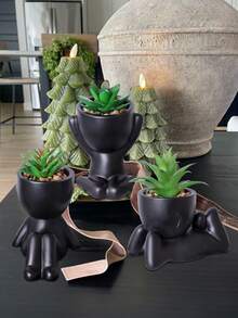 1盆/3盆仿真多肉植物，单盆迷你多肉盆栽，3种形状可选，黑色陶瓷盆，卡通设计，PP/PE材质，绿色，桌面装饰，家居装饰，花园装饰，学校，宿舍，办公室装饰，户外植物，园艺，仿真花，返校季房间装饰，学习用品 - 黑色 - 查看 12