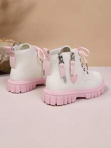 1双粉色幼儿/小女孩短靴，纯色柔软哑光面料，心形装饰，侧拉链，前系带，圆头，保暖厚底，防滑，英伦风时尚经典踝靴，适合女学生、休闲、度假、派对、秋冬新款 - 白色 - 查看 5