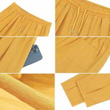 ESTAMICO Men's Cotton Linen Casual Yoga Pants Loose Fit Elastic Drawstring Waist Summer Beach Pant - Dark Yellow - 查看 3