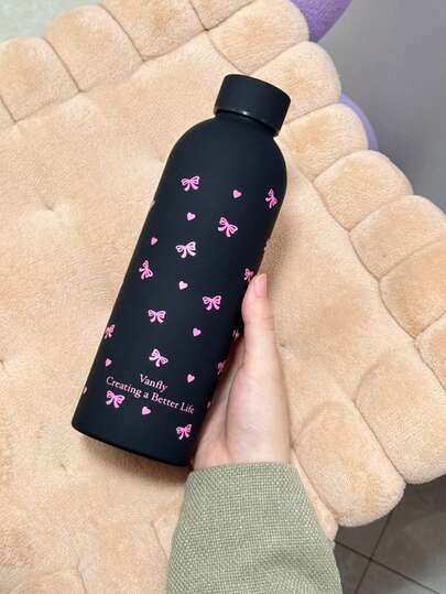 1PC 17 Oz (500 Ml) Stainless Steel Vacuum Insulated Cup With Heart Shape And Bow Design, Reusable Coffee/Water Cup, Party/Birthday Gift, Leak-Proof, Soft Touch Surface