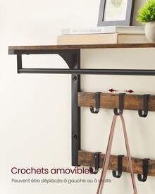 VASAGLE Porte-manteau Mural, avec 10 Crochets Amovibles sur 2 Rangées, Barre de Suspension, pour Entrée, Chambre, Salle de Bain - Tabac - Voir 7