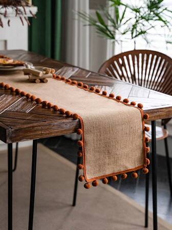 1pc Bohemian Style Home Decor Tassel Tablecloth, Cream And Brown Fringe Table Runner With Tassel, Ideal For Restaurant, Living Room, Bedroom Decor Or Bridal Shower Gift