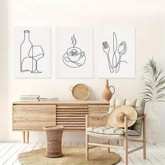 Juego de 3 piezas, arte de pared de lienzo con tema de cocina moderna, decoración de comedor inspirada en dibujos animados, carteles de lienzo impermeables, obras de arte enmarcadas en madera para el hogar, oficina, dormitorio, baño, sala de estar, uso en interiores y exteriores, orientación vertical, medio artístico de tinta