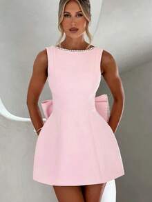 Women's New Summer Pearl Bow Fashionable Slim Short Skirt, Hot Girl Waist-Detached A-Line Solid Color Dress - Hồng - Xem 4