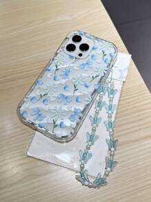 Blue Floral Phantom Wave Pattern Anti-Drop Phone Case With Butterfly Lanyard, Compatible With Apple 16, 14 Pro Max, High-Quality New 13, 15, Ins Style 12/12 Pro, 11, 13 Pro Max, XS, 12 Pro Max, 16