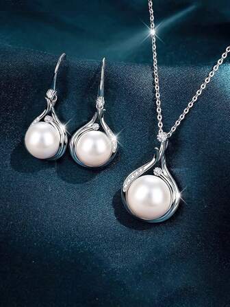 3 件 S925 纯银方晶锆石珍珠项链首饰套装，优雅珍珠和方晶锆石项链及耳环套装，复古性感风格，完美的情人节礼物