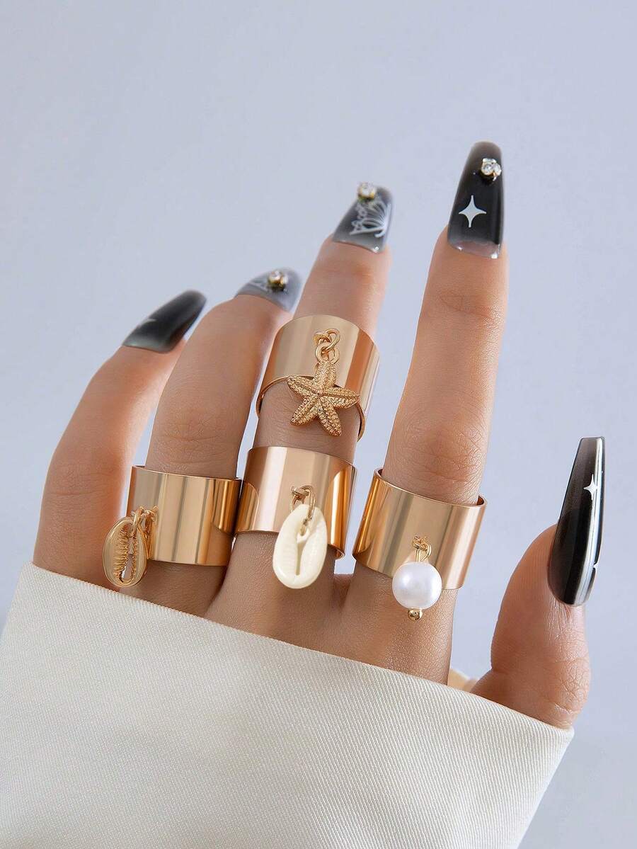 imoli 4 件套度假风格合金海星和珍珠吊坠开口戒指套装，送给女士的礼物 - 金黃色 - 查看 1