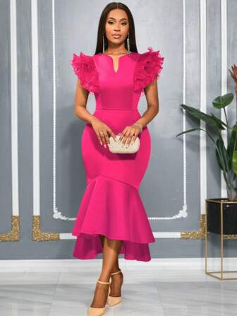 AOMEI Rose 女士修身连衣裙，V 领网纱拼接飞袖美人鱼时尚礼服，适合明星生日晚宴等场合，优雅鸡尾酒会、半正式舞会、婚礼宾客、毕业典礼、晚宴、返校节等优雅派对礼服，时尚服饰系列