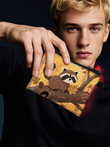 1 pieza Monedero compacto con cremallera, bolsa con cremallera de poliéster resistente y de moda, diseño de estampado gráfico de mapache lindo, ideal para guardar monedas y pequeños artículos esenciales, cierre , regalo de novedad, material duradero, fácil de cuidar, regalo festivo/navideño