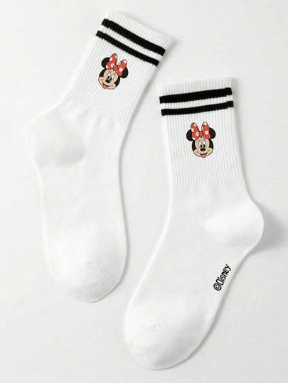 Disney 1 Pair Pattern Women's Mid-Calf Socks, Sporty Black & White Stripes, Adorable Cartoon Design, Odor-Resistant, Moisture-Wicking, Casual & , Suitable For Students/Adults As Gifts Or Daily Wear