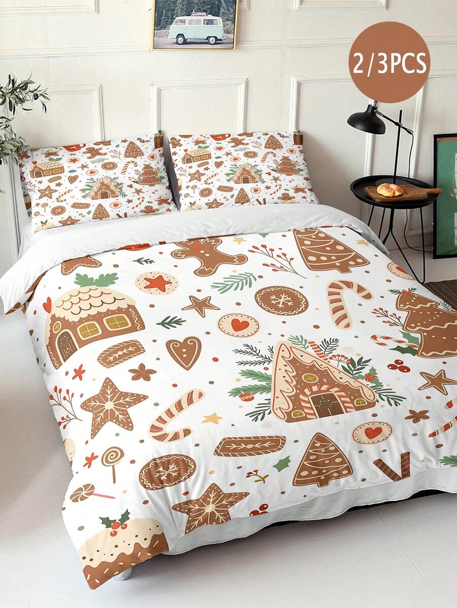 2/3 pièces Ensemble de literie de Noël - Ensemble de housse de couette en polyester doux et respirant, fermeture éclair, impression numérique, motifs bonhomme de neige, Père Noël, sapin de Noël, renne, confortable toute saison - Comprend la housse de couette et la taie d'oreiller (sans le couette) - Multicolore - Voir 1