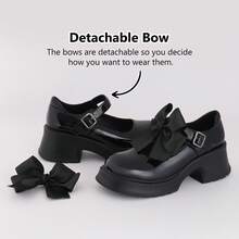 Women's Mary Janes Platform Chunky Block Heels Work Wedding Shoes Ankle Strap Gothic Lolita Oxfords Detachable Bow Classic Comfortable Uniform Dress Shoes - 黑色 - 查看 3