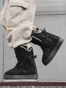 2025 Nouveauté Automne/Hiver Bottes montantes distinctives pour hommes, design exclusif même style que les célébrités, mode de rue extérieure, bottes de neige chaudes et antidérapantes, bottes longues à semelle épaisse de couleur unie, bottes décontracté polyvalentes pour le hip-hop, excentriques pour les fêtes, la scène, cadeau de vacances - Noir - Voir 10