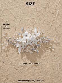 1 件手工陶瓷花和银叶新娘发梳，婚礼发饰 - 銀色 - 查看 6