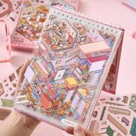 Un libro de pegatinas, serie Sunshine Town Miniature Scene Booklet, libro de pegatinas 3D de casas de dibujos animados para decoración de paisaje DIY, accesorios de papel para collage DIY, pegatinas para cuadernos adecuadas para varias escenas, fundas de teléfono, pegatinas para tazas, pegatinas para álbumes de recortes y diarios