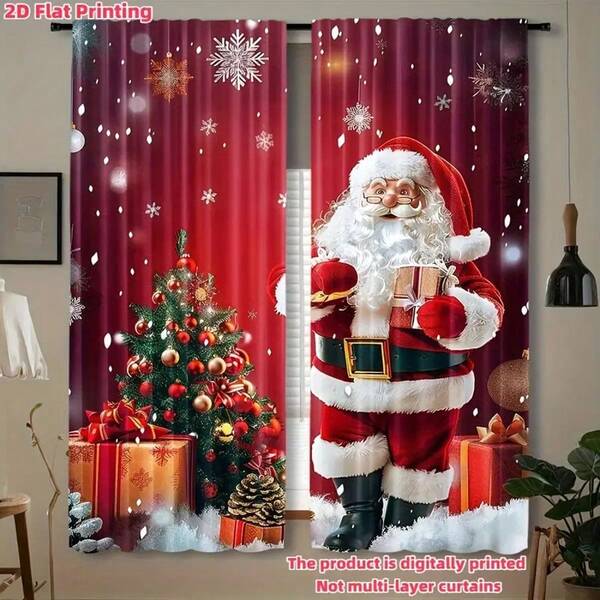 2 piezas Cortinas con estampado de Papá Noel y árbol de Navidad - Rojo, cortinas de poliéster con estampado digital y ojales, adecuadas para sala de estar, dormitorio, cocina y decoración navideña