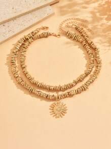 2pcs/Set Elegant Asymmetrical CCB Handmade Beaded Necklace, Minimalist Hammered Sunburst Pendant Necklace, Versatile Vintage Choker Necklace For Women, Suitable For Daily Wear, Vacation, Party And Date