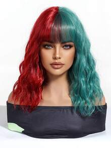 Peluca sintética resistente al calor con flequillo, de moda y divertida, para mujeres, de 14 pulgadas, de dos tonos rojo y verde, corta y ondulada, peluca para niña, para cosplay, disfraz de Halloween, fiesta - Dos Tonos - Ver 4