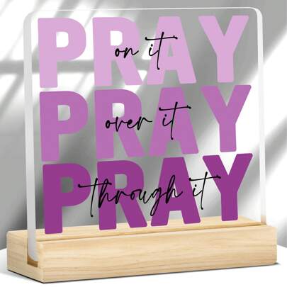 1pc Pray On It Over It Through It Christmas Decor – Uplifting Blue Acrylic Faith Plaque Gift | Christian Holiday Sign For Desk, Bedroom, Church | Perfect For Women & Pastors Home Decor Christmas Decorations Room Decor
