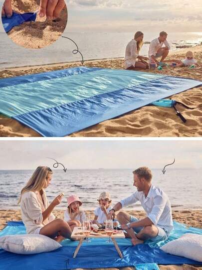1 pc Manta de playa plegable, impermeable y resistente a la arena, súper grande y súper ligera, colchoneta portátil de poliéster plegable, alfombra de playa para actividades al aire libre, bolsa de nylon para picnic, rápida secado, ligera y duradera.