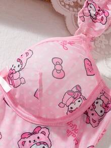 Sanrio 1 件女款 Hello Kitty、卡哇伊、波点和蝴蝶结印花、粉色睡衣、可爱睡裙、V 领、蝴蝶结装饰、透视、生菜边、露背、娃娃装、性感内衣睡袍、性感连衣裙 - 淺粉色 - 查看 7