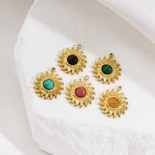 Bohemian Style Vintage Sun Pendant, Stainless Steel 14K Gold Inlaid Colorful Natural Stone Pendant