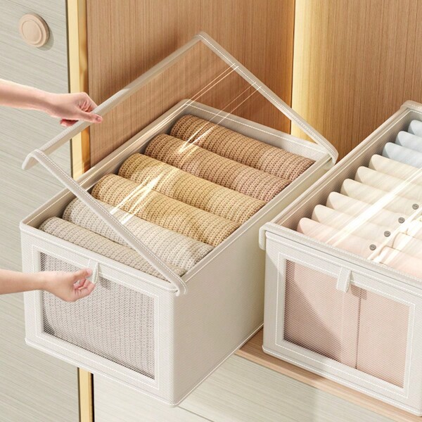 XIESHOU 1 pièce de sac de rangement pliable pour vêtements et couvertures, boîte de rangement avec fenêtre transparente et poignée, panier de rangement en lin pliable renforcé, le tissu peut être placé sur le rack de rangement de l'armoire avec fenêtre, grande boîte de rangement pour vêtements pour la chambre à coucher, le placard