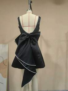 Women's New Summer Pearl Bow Fashionable Slim Short Skirt, Hot Girl Waist-Detached A-Line Solid Color Dress - 黑色 - 查看 5