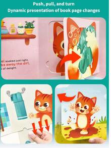 beartale 互动翻页故事活动书，学前玩具，动物日常活动（公鸡起床、小猫洗脸、河马刷牙、熊整理房间），感官刺激发展，认知能力训练，早教玩具，卡通风格，记忆书，忙碌书，学前感官书，儿童书籍套装 - 彩色 - 查看 7