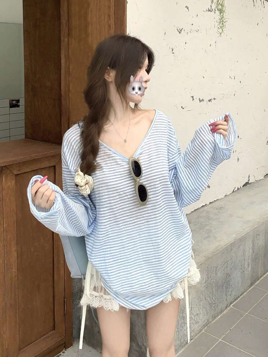 露背系带设计蓝色条纹宽松长袖上衣，休闲薄款衬衫