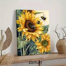 1pc, Vibrant Sunflower And Bees Canvas Wall Art, Nature Inspired Floral Decor For Living Room, Modern Kitchen Bedroom Artwork, Yellow Botanical Stretched Print, Cheerful Home Decoration - 彩色 - 查看 4