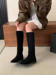 2025 秋冬の女性用レトロカーキブーツ、女性用膝上ラウンドトゥフラットスエードハイブーツ - 黒革 - チェックする 11