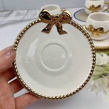 2 件陶瓷电镀咖啡杯碟套装，金色/白色/黑色陶瓷咖啡杯碟，1 杯 1 碟带蝴蝶结装饰，电镀碟子，情侣礼物，家庭聚会，咖啡/茶杯，容量 100 毫升 - 彩色 - 查看 6