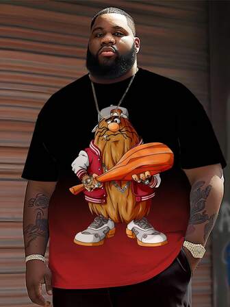 Camiseta casual de cuello redondo para hombre de talla grande, de tela de punto de poliéster, cómoda y transpirable, con estampado de cuadros de contraste a la moda, con diseño gráfico interesante de hombre de las cavernas y degradado, top novedoso