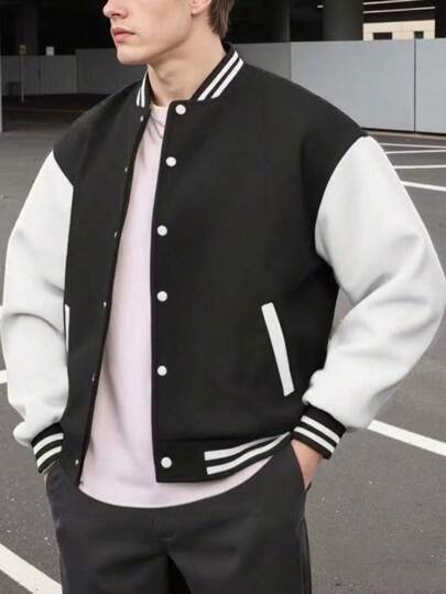 Chaqueta de béisbol de manga larga y corte holgado para hombre, diseño de bloques de color casual, adecuada para deportes al aire libre, prenda exterior versátil, de grosor medio, apropiada para el otoño