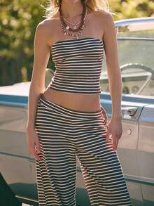 Women's 2 Piece Striped Sets Strapless Crop Top Elastic Waist Wide Leg Long Pants Y2k Casual Comfy Loungewear Set Summer Streetwear Vacation Outfit - 黑色 - 查看 2