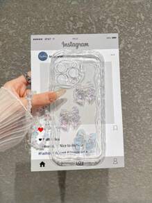 奶油色波浪边手机壳 | 闪亮激光蝴蝶结星链 - 适用于三星 S20-S25/Ultra/FE/Plus/Ultra、Redmi 手机，适用于 17/17 Air/17 Pro/17 Pro Max、16-7/Pro/Pro Max/Plus 手机 | 白色/透明不对称手机壳 - 防摔防刮手机保护 - 無色 - 查看 5