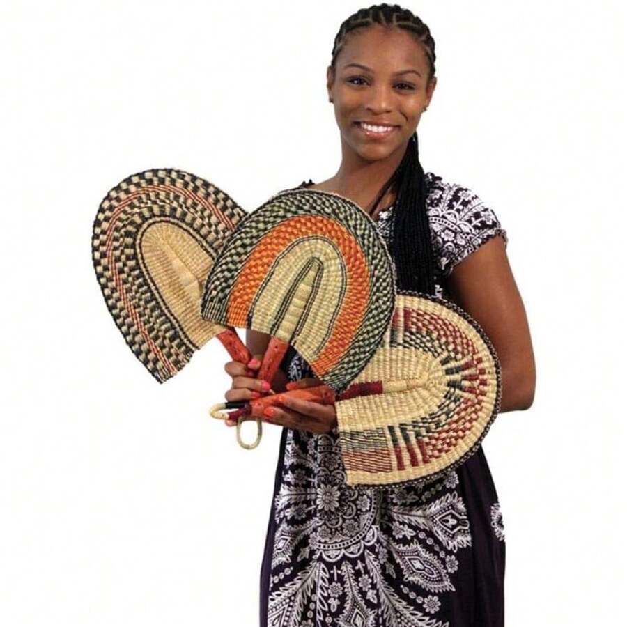 One Burkina Faso African Hand Fan Woven 16" Long For Women & Men | Home Decoration