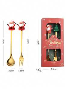 2pcs/Set Cute Christmas Spoon + Christmas Fork - Santa Claus Figurine Spoon + Fork Set - Cartoon Adorable Christmas Gift Set