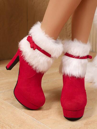 Women's Fashion New Ankle Boots With Bow, Velvet Side Zipper, Stylish Party Ankle Boots For Autumn/Winter, Fur Boots, High Heels