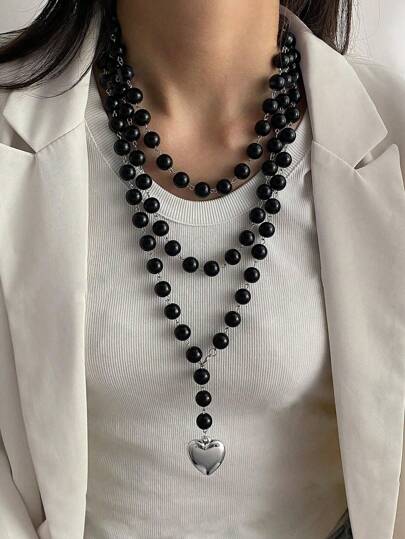 1 pezzo Collana lunga vintage in finta perla nera a più strati con ciondolo a forma di cuore, regalo di gioielleria per le donne