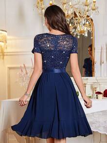 MIUSOL 亮片花卉蕾丝圆领雪纺不对称荷叶边下摆舞会派对 A 字裙 - 藏蓝色 - 查看 3