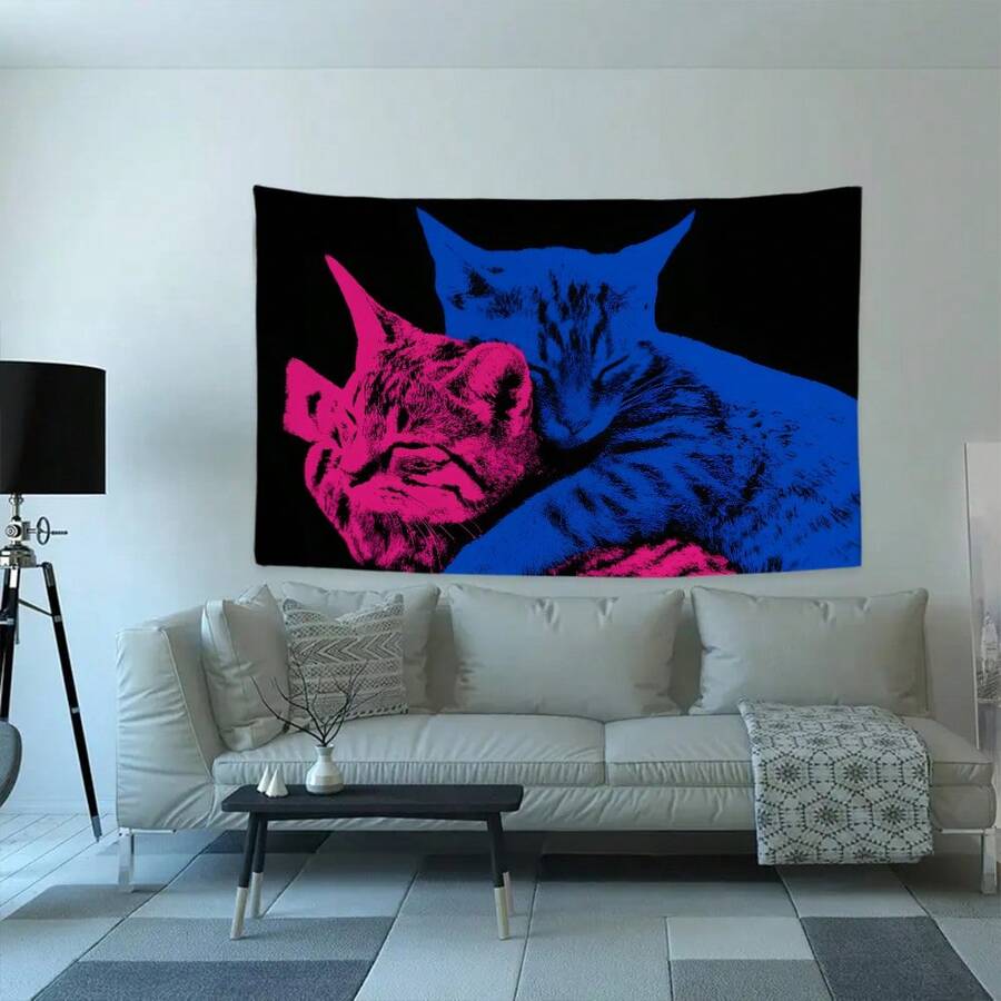 1pc Fabric Tapestry Pink Cat Cuddle, Cute & Loving Decor, Ideal For Cat Lovers & Families, Home Decoration Materials,Wall Decor For Room,Bars, Restaurants, Cafes Pubs - 彩色 - 查看 1