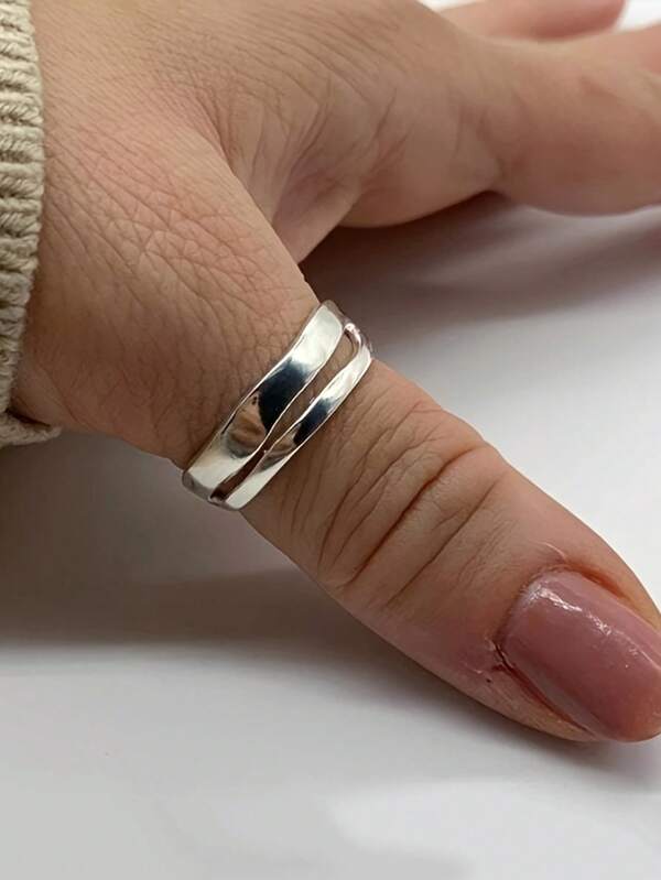 1pc Thick Asymmetrical Double-Layer Smooth Silver Adjustable Ring - Stackable Thick Band Ring - Women Jewelry, Thumb Ring, Gift For Her
