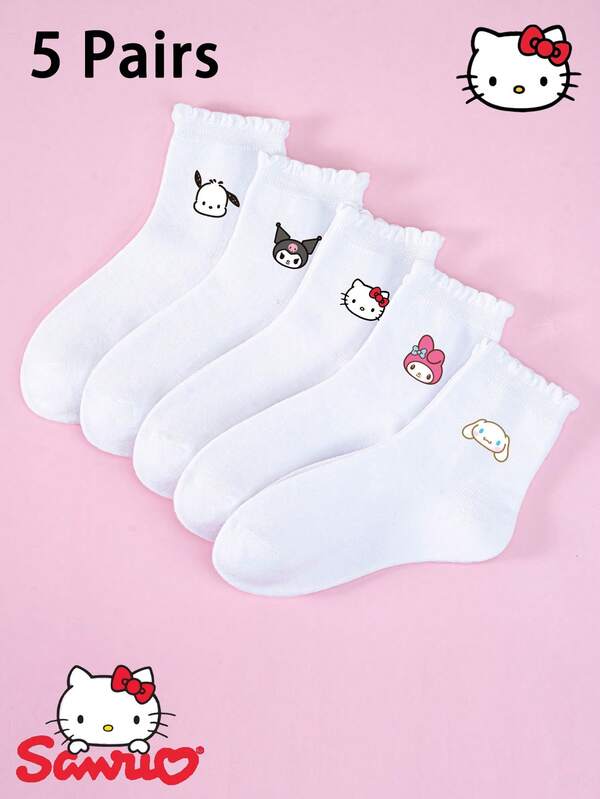 Sanrio 1/5 Pairs Hello Kitty, Kitty, KT Cat, My Melody, Kuromi, Pochacco, Cinnamoroll, Cinnamoroll Pattern Children's Socks, Ruffled Cuff Socks