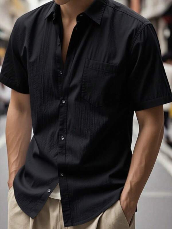 Camicia casual stile hawaiano in lino ampia, con collo henley e maniche corte