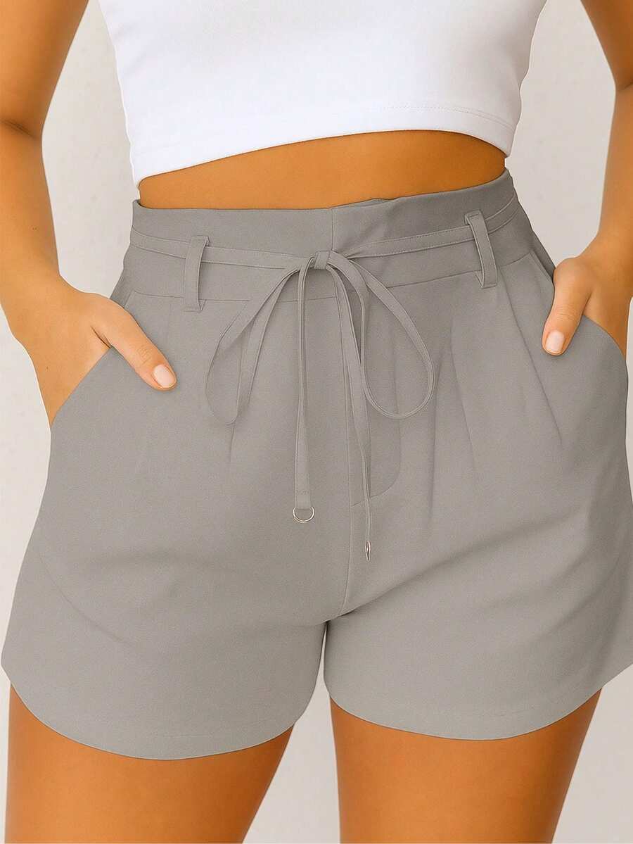 Elegant Tailored Shorts For Women, High Waist, Pockets With Belt, Ring Details, Casual/Versatile, Summer - 灰色 - 查看 1
