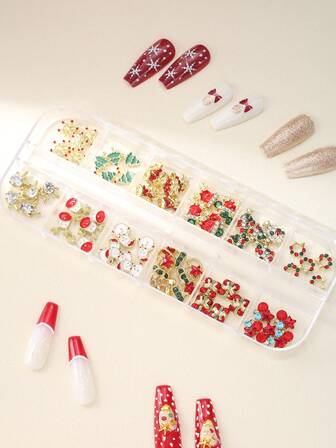 60 piezas/caja Adornos navideños europeos y americanos de reno, Papá Noel y árbol de Navidad en rojo y verde para decoración de uñas en 3D, sencilla y elegante, estilo metálico Y2K, para salón de uñas, decoración de uñas, suministros de uñas, accesorios de decoración de uñas postizas
